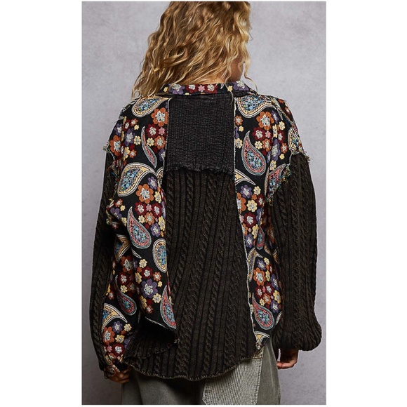 POL Floral Print Tapestry Button Down Cable Knit Loose Fit Shirt - Picture 2 of 4
